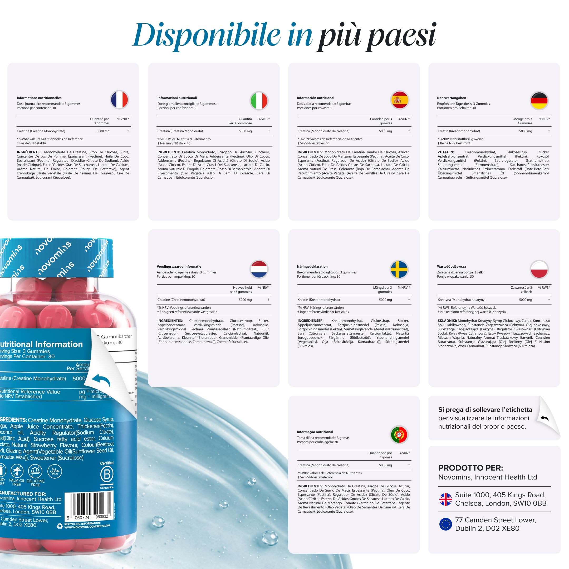 Creatina Monoidrata Gommose – 5000 mg per Porzione ad Alta Forza – Aumenta le Prestazioni Fisiche – Alternativa a Polvere, Compresse e Capsule – Vegana, Gusto Fragola – 90 Gommose – Novomins