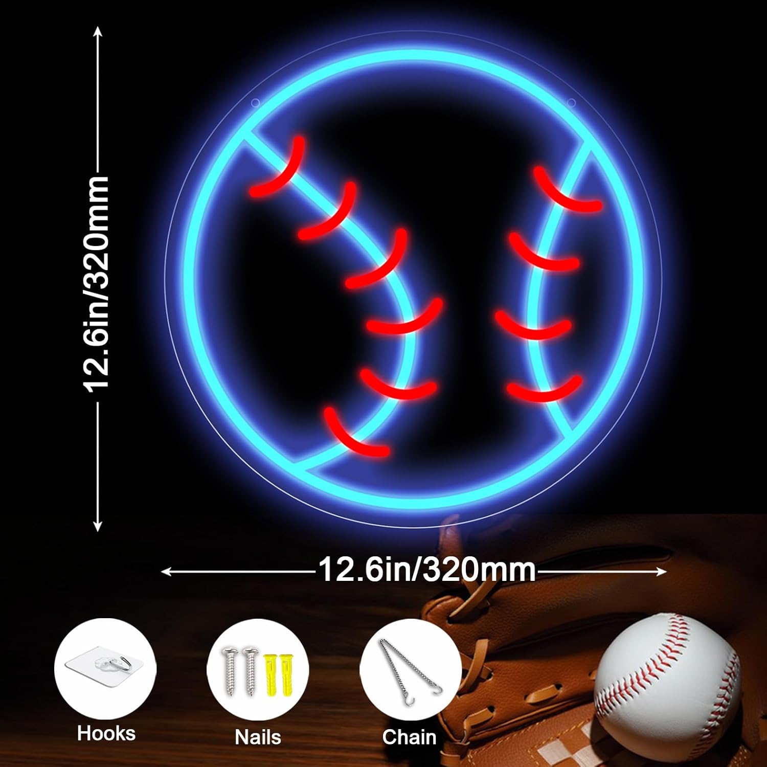 Baseball Neon Sign, 12.6"×12.6" Dimmable Sport LED Signs USB Powered for Wall Decor Living Room Bedroom Man Cave Home College Club Shop Room Bedroom Sports Decor Gift for Christmas Birthday - Image 3