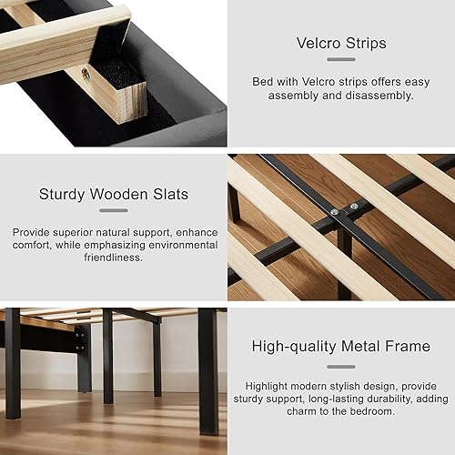 Miniatura 20 de VECELO Base de cama tapizada de tamaño individual con cabecero ajustable, luces LED, USB-A y tipo C, plataforma de terciopelo sin ruido, base de
