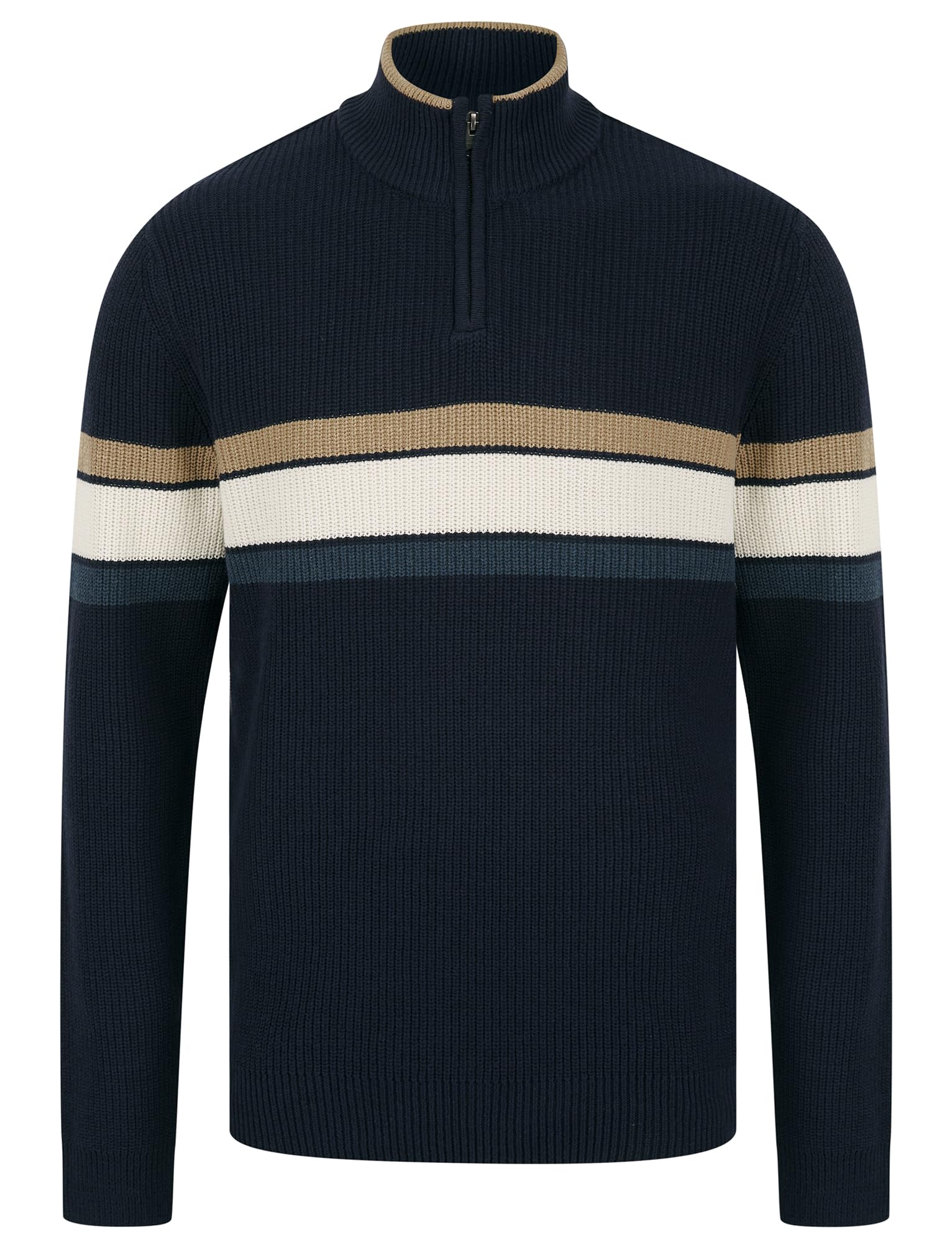 Kensington Eastside Men's Sky Captain Navy 'Geoffrey' Striped Quarter Zip Neck Knit Jumper