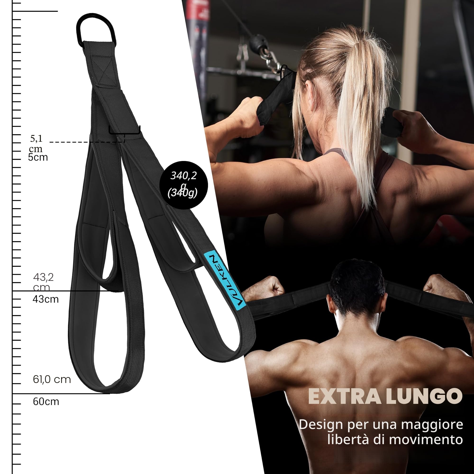 Vulken - Corda per tricipiti con cavo, due misure in una corda extra lunga, cinghie di estensione per tricipiti, attrezzatura da palestra, maniglie per allenamento a casa per bande di resistenza.