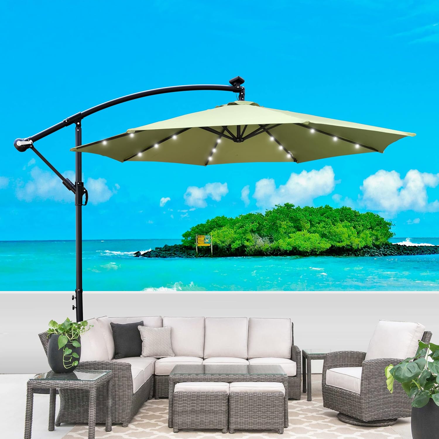 10 ft Patio Solar Lights Offset Cantilever Umbrella, 120" Outdoor Sun Shade Market-umbrella, LED Lighted Waterproof Umbrella with 8 Ribs & Crank & Cross Base for Garden Backyard Pool