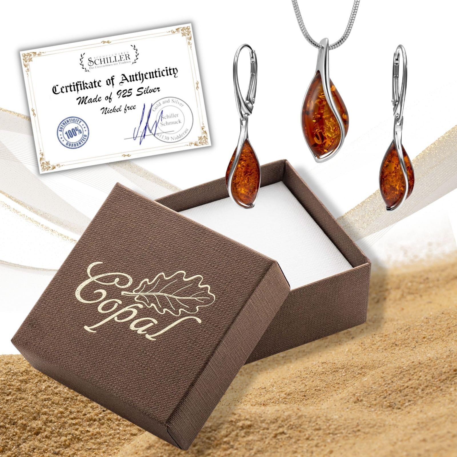 Damen Schmuckset Mit Bernstein Anhänger Und Ohrringen Aus Sterling-Silber