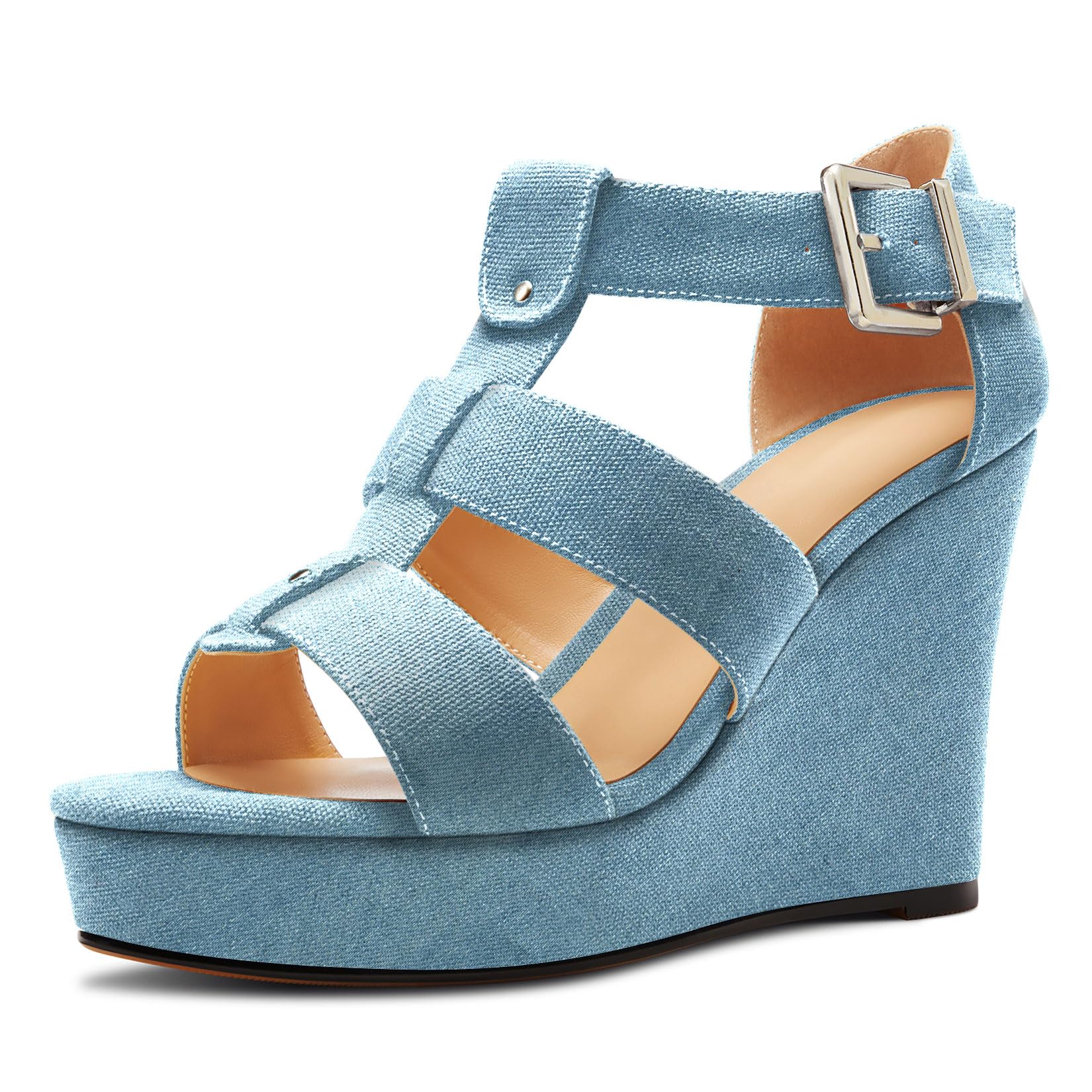 Saekcted Mujer Alto High cuña esparto Plataforma Heel Abierta Punta Sandalias Correa Tobillo Fiesta Denim Verano 10 CM Heels