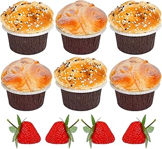 vensovo 6 Pack Fake Cupcake - Realistic Artificial Bread Prop with 4pcs Strawberries Model, Lifelike Faux Cake Desserts Pastries Great for Decorative Display, Photo Props and Gift IDE