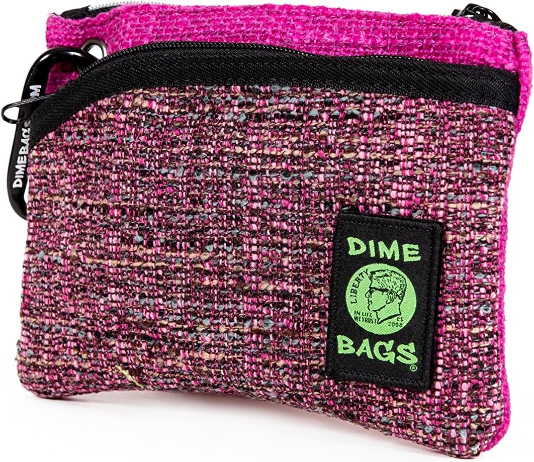 DIME BAGS Hemp Pouch, Compact Tote with Dual Zippered Compartments, Travel Wallet with Carabiner Clip & Interchangeable Patch, Coin Bag Zipline (8 inch, Magenta)
