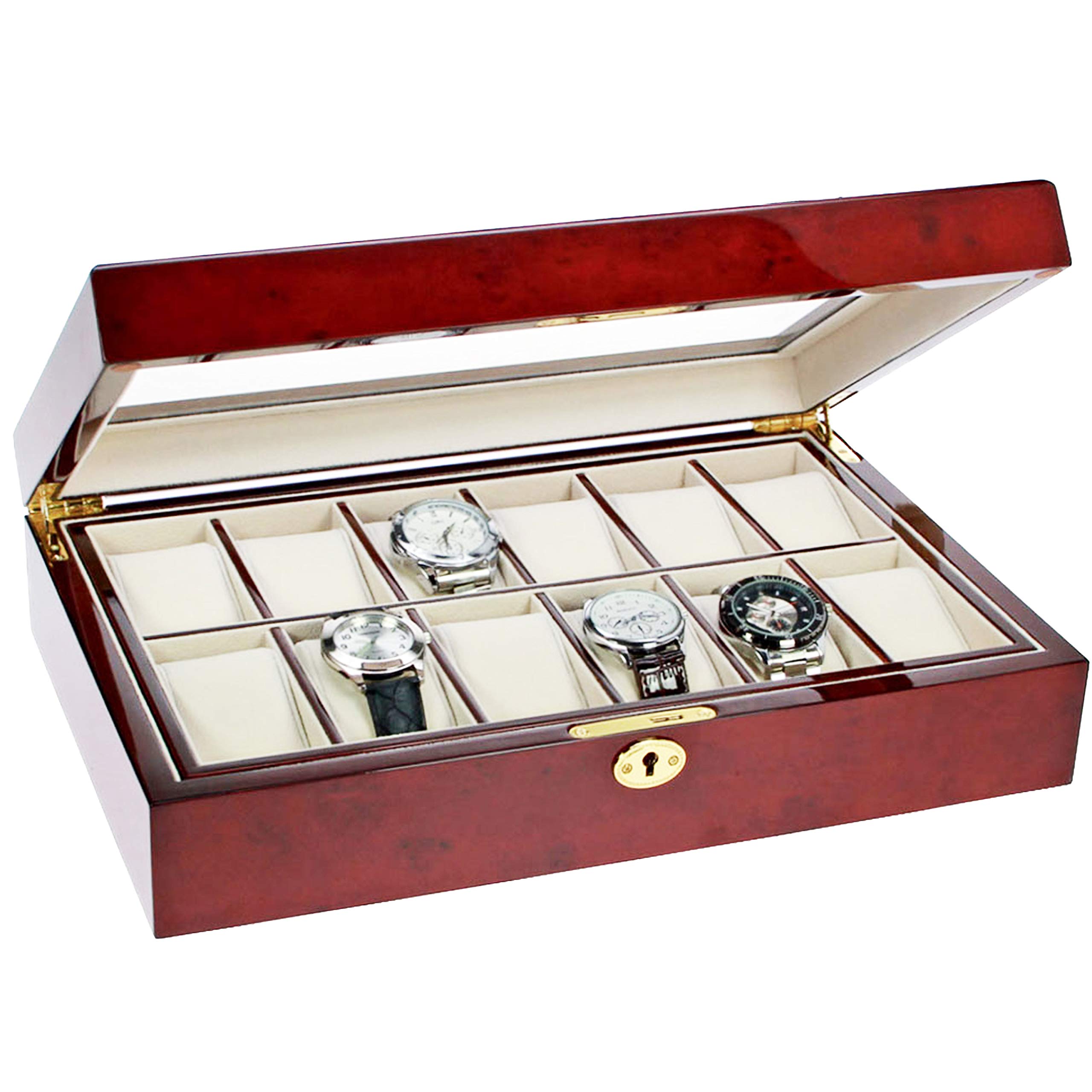 Safe 260 Caja de madera lacada para guardar 12 relojes color caoba - compartimentos individuales extraíbles con tapa transparente - 360 x 238 x 76 mm