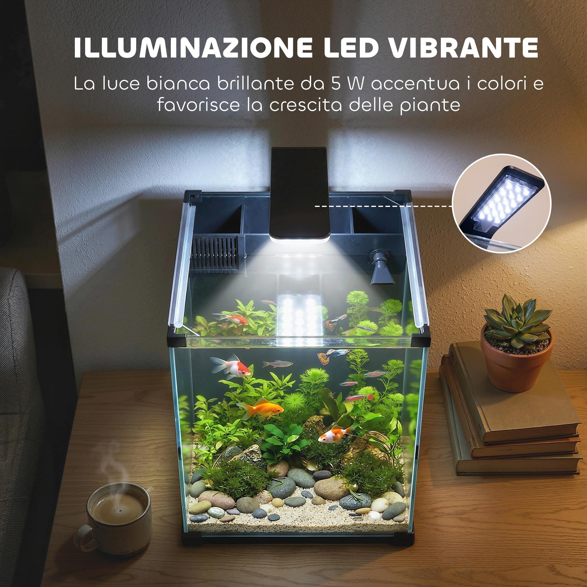 PawHut Acquario in Vetro Temperato 36L, Acquario Completo Piccolo Trasparente con Filtro Integrato, Luce LED e Pompa dell'Acqua per Pesci Tropicali, Pesci Rossi, Casa, Ufficio, 30x30x45.5 cm, Nero