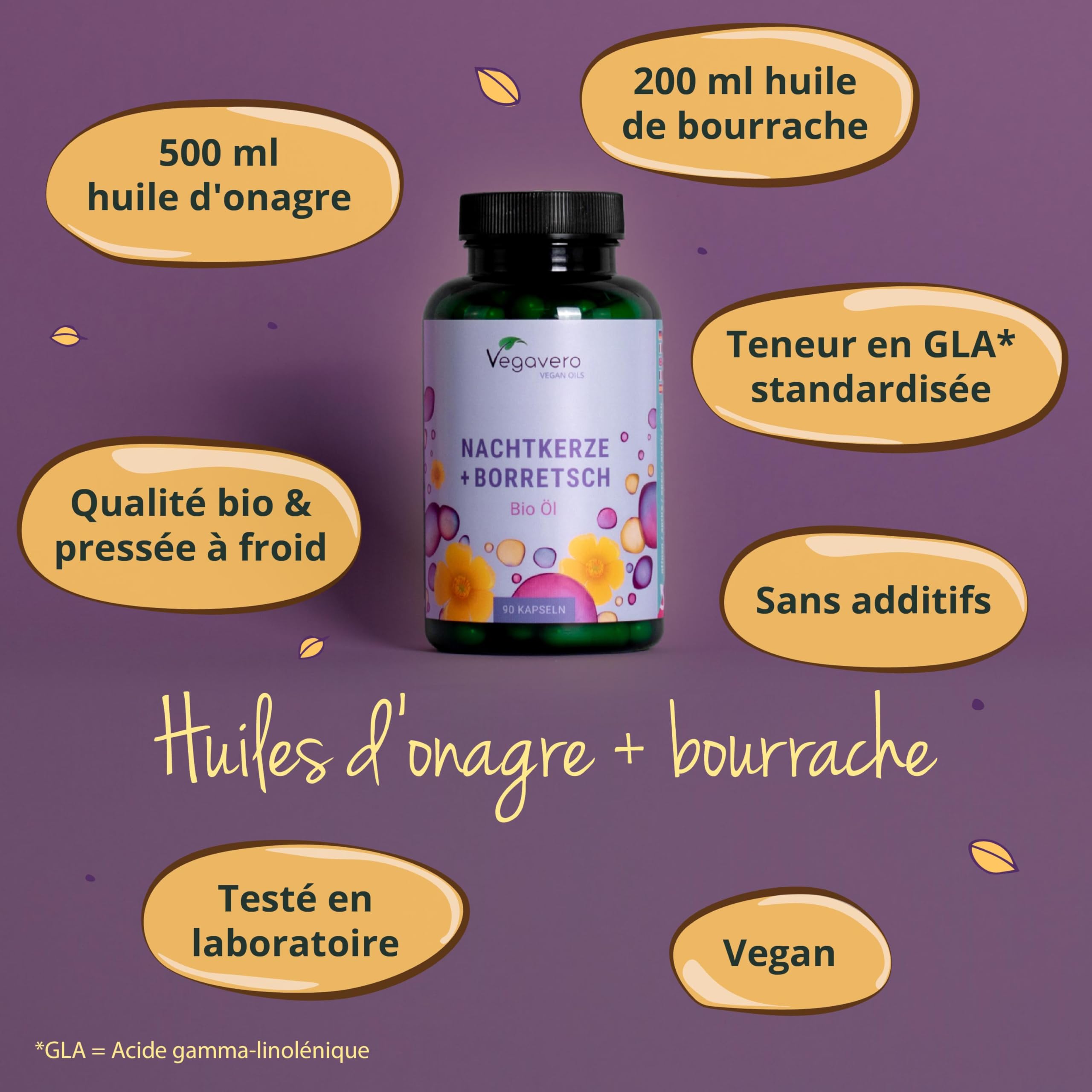 Onagre BIO + Bourrache - 700 mg | VEGAN & Naturel | Avec Omega 6 | Pour la Peau + Rééquilibrage hormonal | Qualité Supérieure & Sans Additifs | 3 Mois | Vegavero®