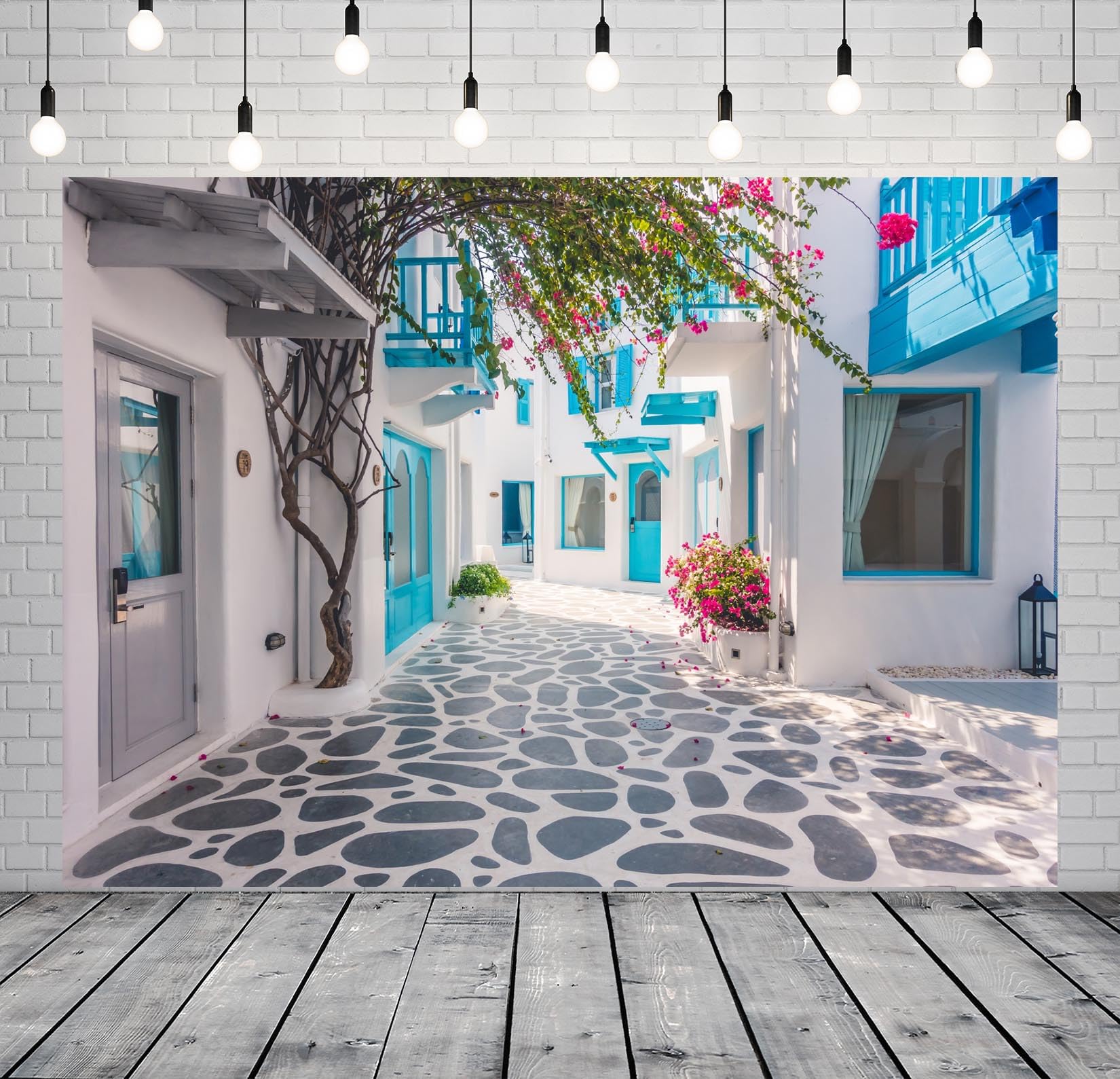 BELECO 4.6x2.5m Fotohintergrund Stoff Griechische Straße Santorini Insel Weiße Gebäude Romantische Blühende Blumen Hintergrund Griechische Party Dekoration Geburt Hochzeit Fotografie Zubehör