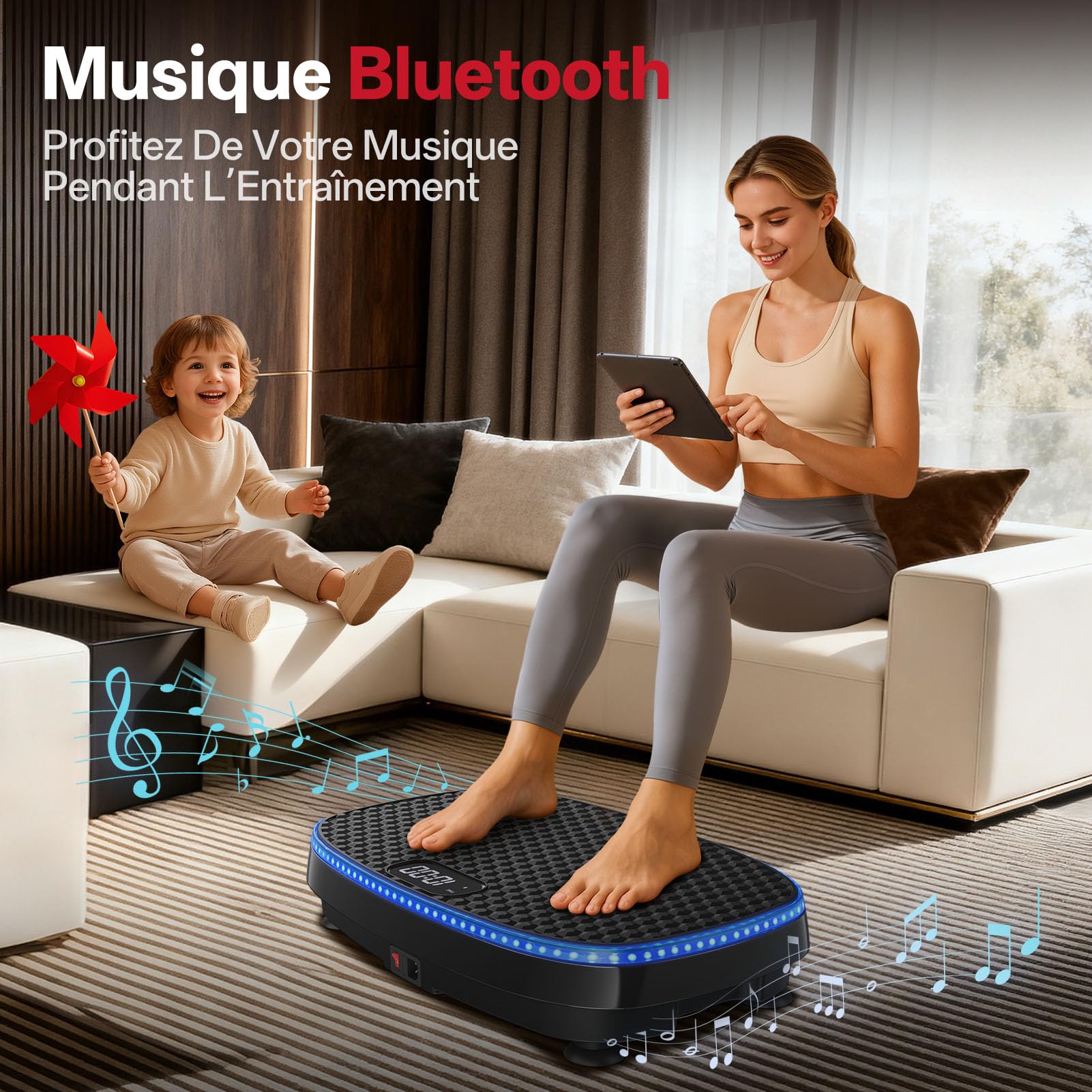 JOROTO JV50/JV60 Plateforme Vibrante 4D pour la Maison, avec 3 Moteurs, 10 Programmes & 120 Niveaux, Haut-Parleur Bluetooth, Éclairage LED pour Entraînement Complet du Corps, Charge Max. de 158KG