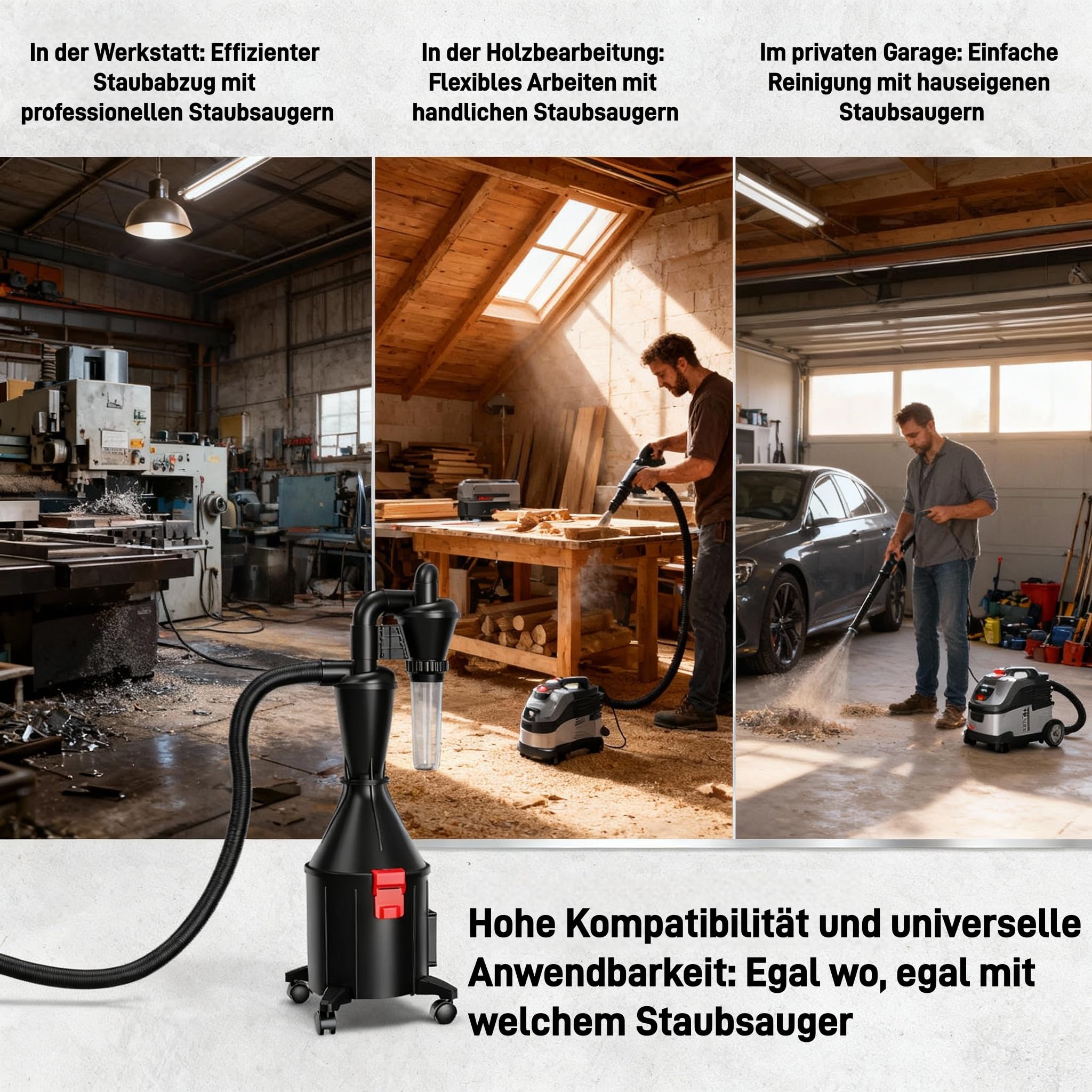 Zyklonabscheider mit Behälter 50mm/2'', Beweglich oder Feststehend mit Staubauffangbehälter Geeignet zum Trennen von Holzspänen, Staub, Metallspänen, Kunststoff, Textilien, Laub und Haaren