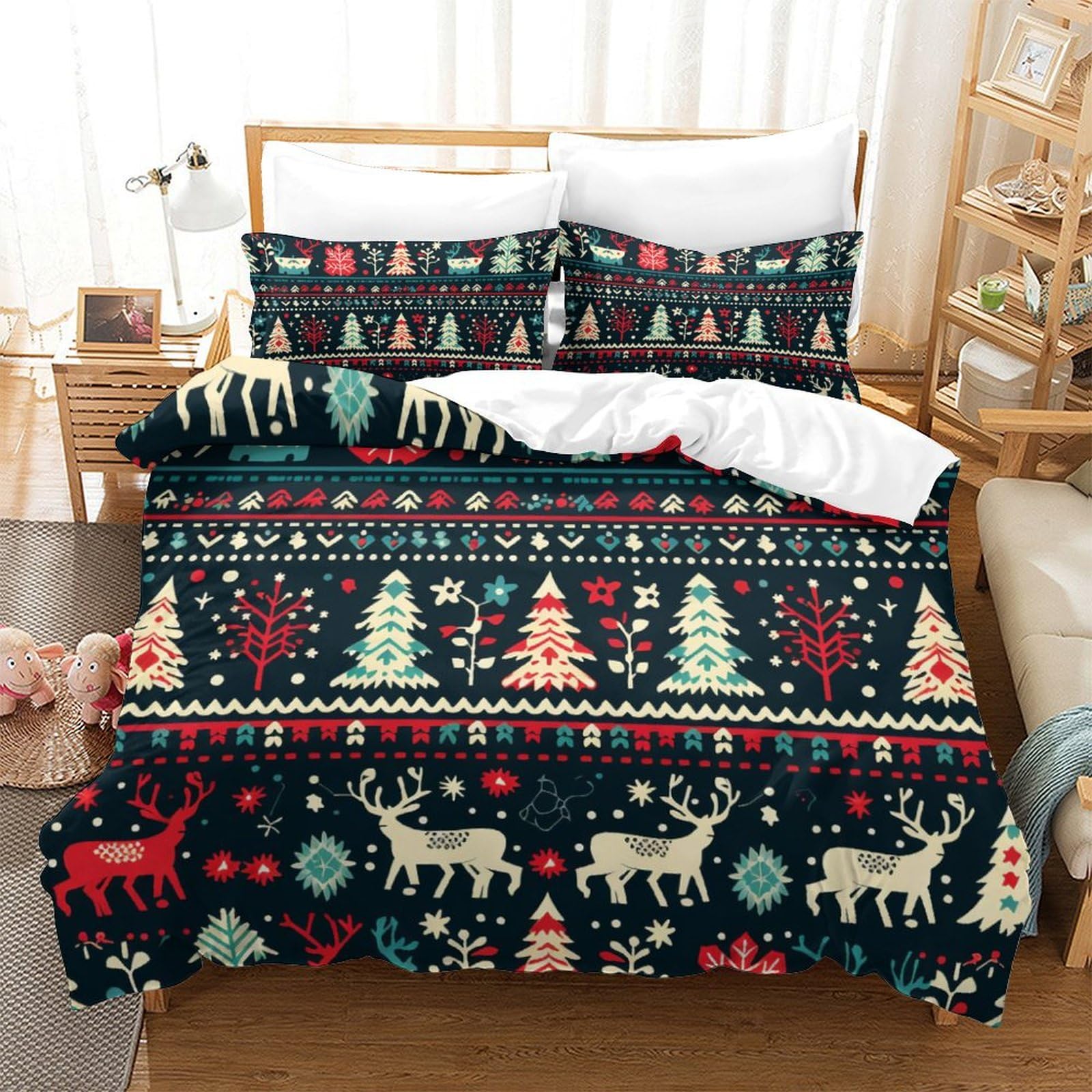 BARDYS Christmas 3D Printed Quilt Cover Set 3 Pieces Bedspread Soft Microfiber with Zipper Closure，Pillowcases for Kids Girls Boys Adults Bedroom Super King（260x220cm）