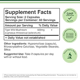 Double Wood Supplements Tigers Milk Mushroom Supplement (Lignosus Fungi) 500mg per Serving, 120 Capsules (Antioxidant for Respiratory and Lung Health Support) Vegan Safe, Non-GMO