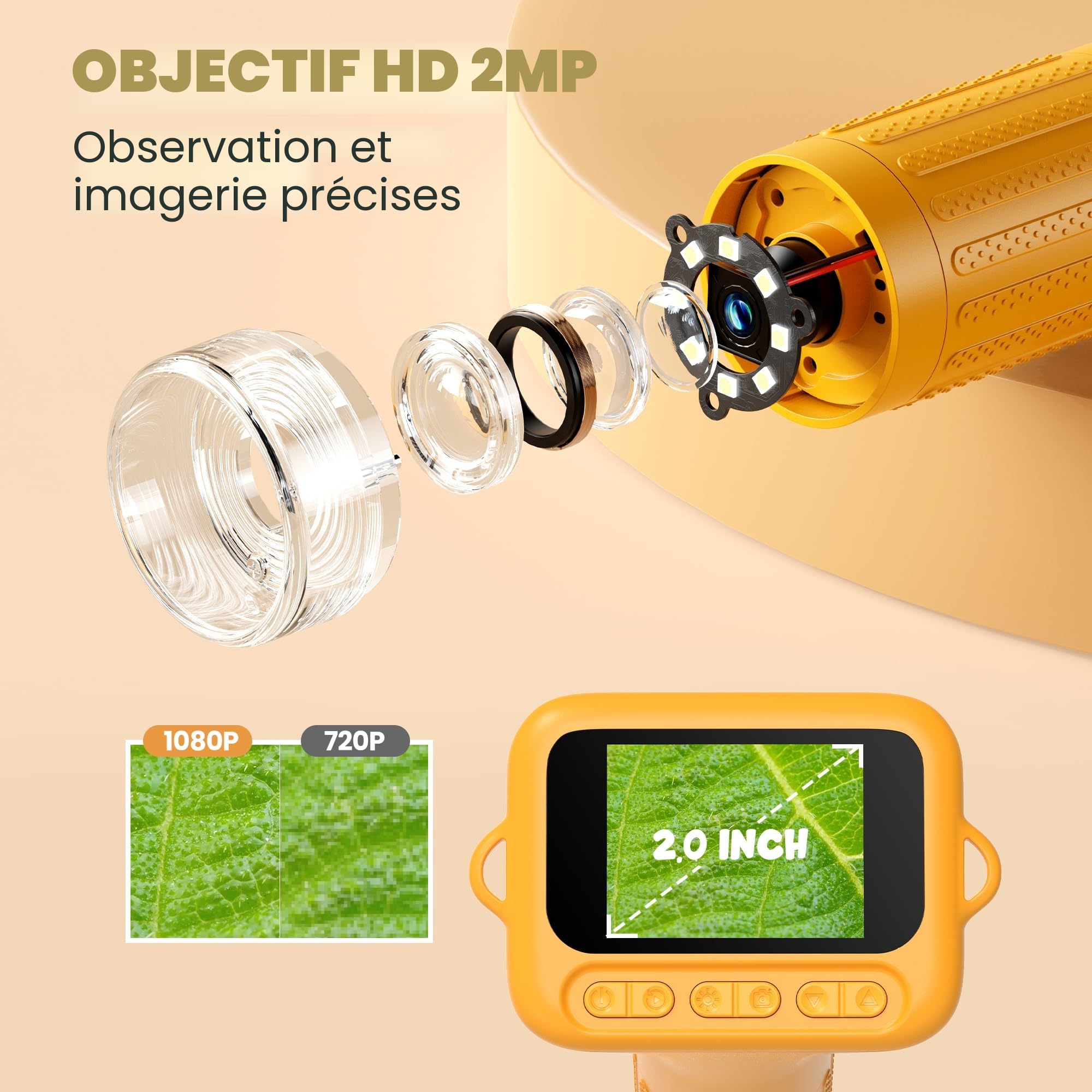 Microscope Portable pour Enfants 1000X: Microscopes USB de Poche écran IPS 2,0" Lumières LED - Mini Microscope Extérieur à Partir de 3 à 12 Ans