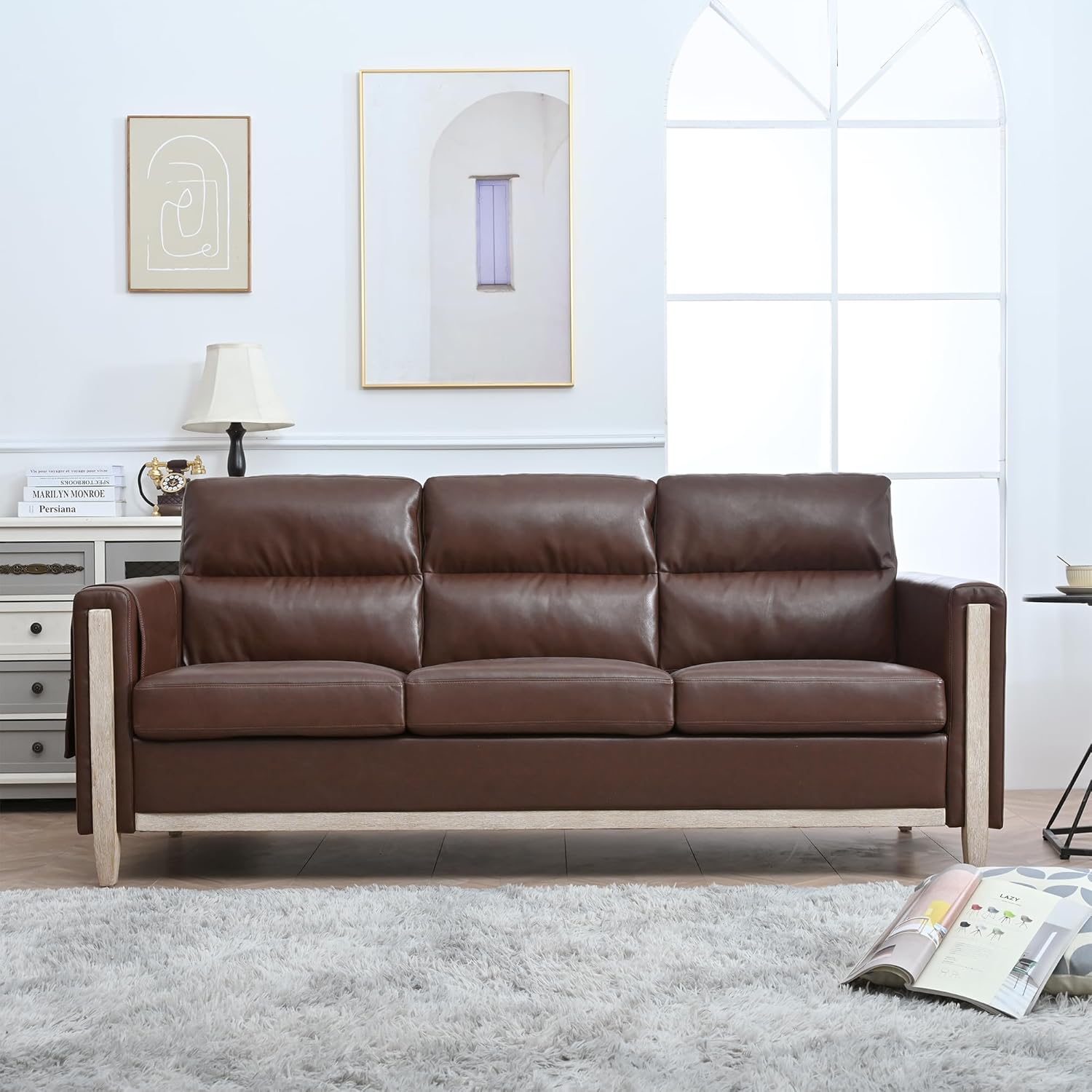 Modern Upholstered Sofa with Side Pocket Solid Wood Frame 3-Seater Sofa for Living Room Bedroom Office Apartment Brown