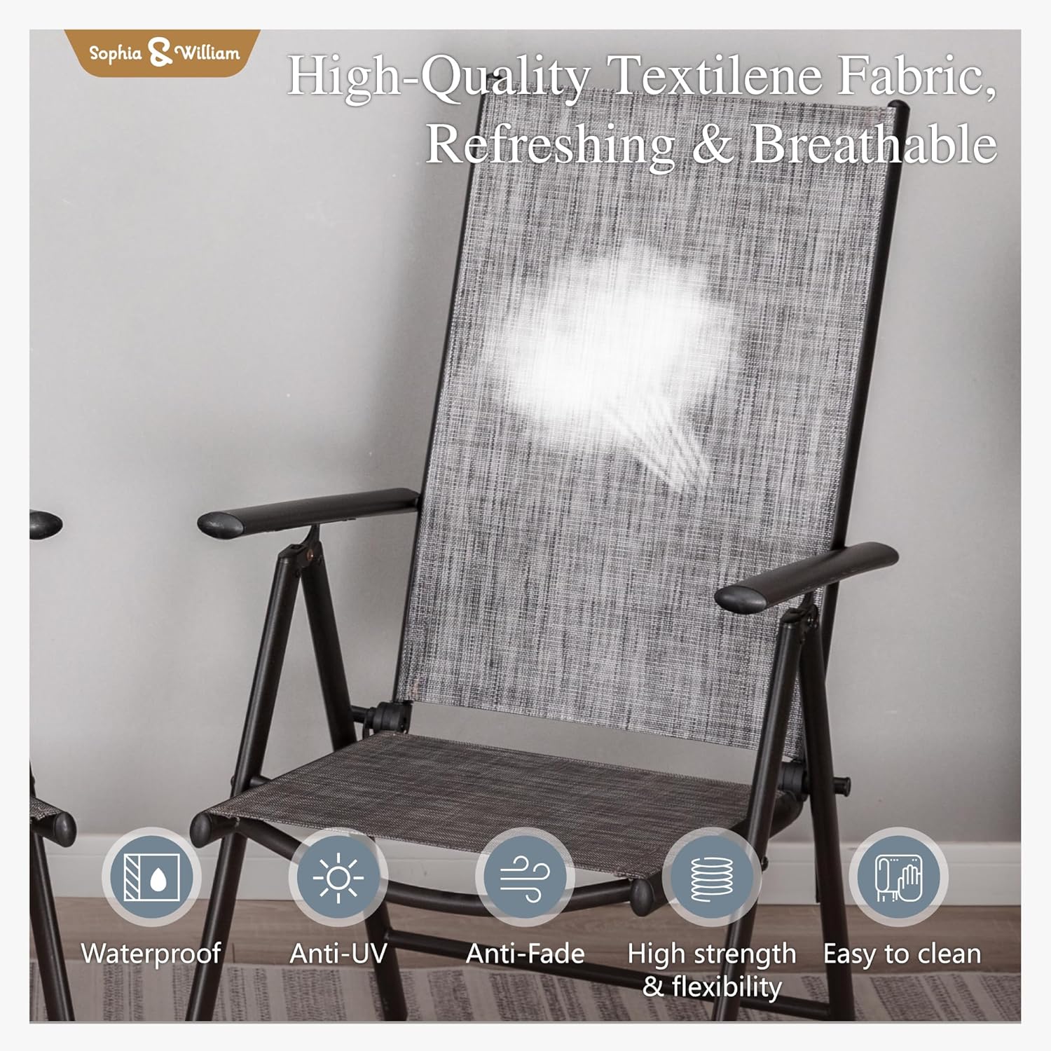 Sophia & William Outdoor Folding Chairs, Patio Folding Dining Chairs Set of 2, 7 Level Adjustable Backrest, Lightweight and Portable Textilinene Chairs, Grey