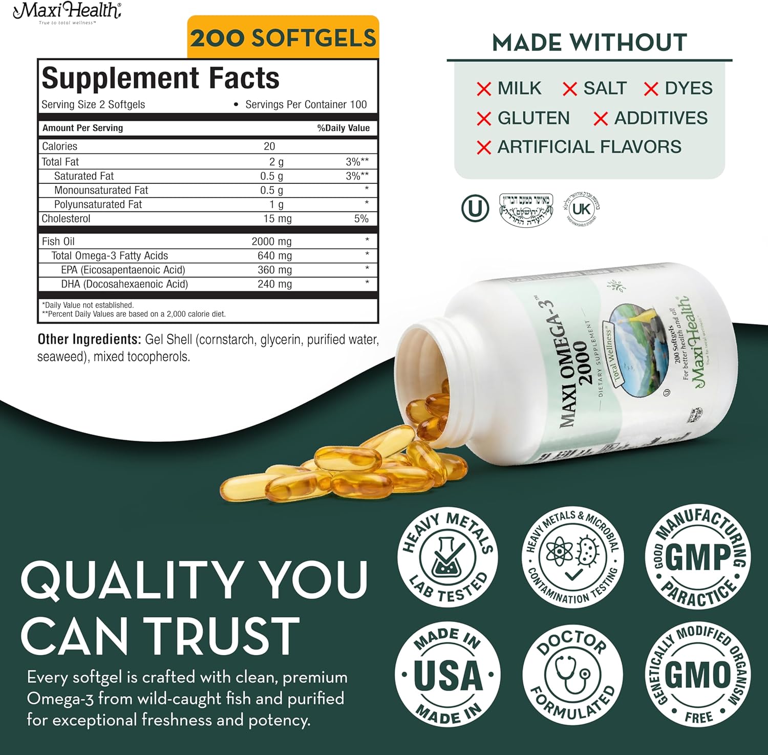 Omega 3 Supplement - Omega-3 Fish Oil 2000mg - Natural Source of EPA & DHA - Heart, Brain & Joint Health - Kosher Certified Wild Caught Marine Fish - 200 Vegetarian Softgels by Maxi Health - Image 6