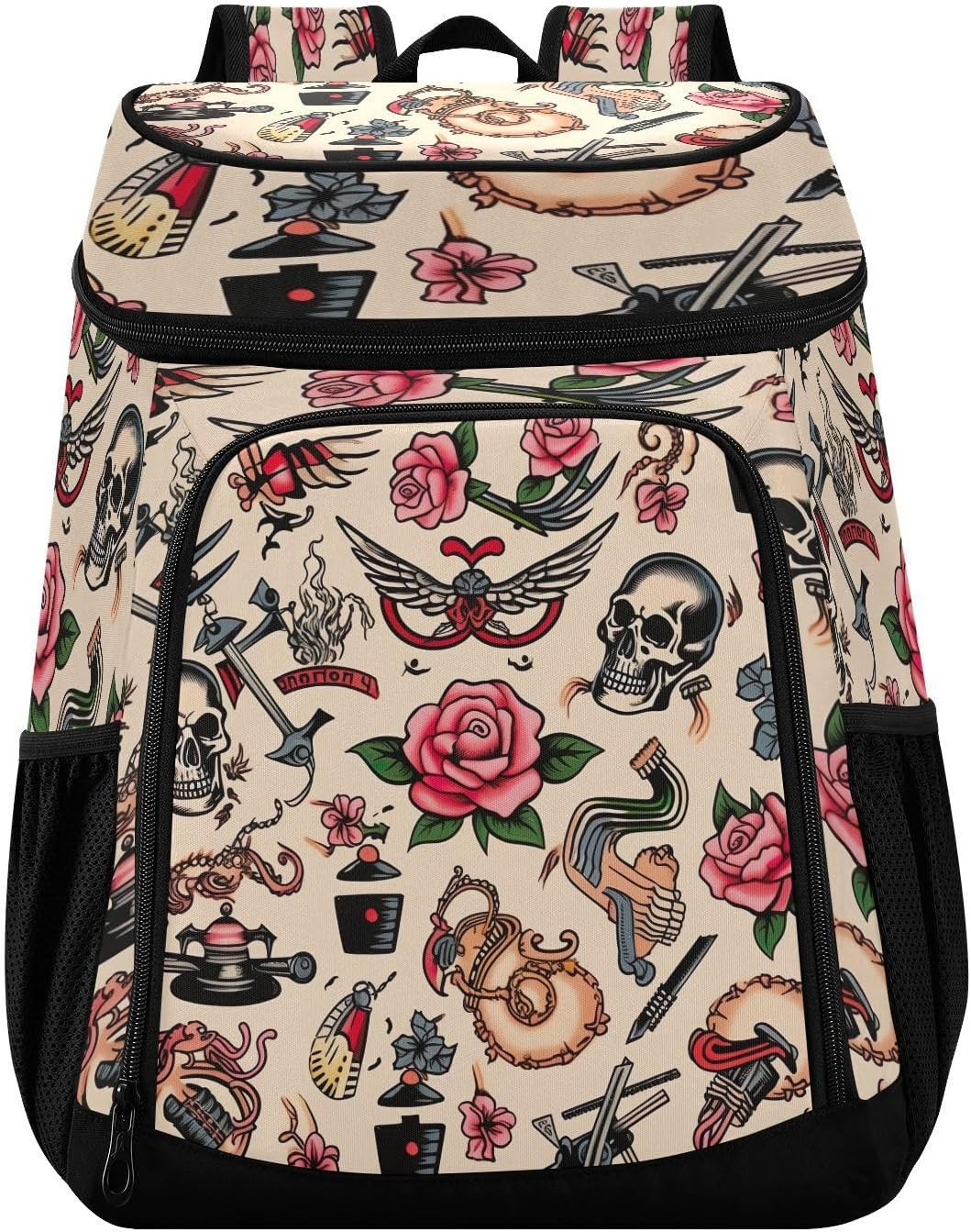 Roses and Skulls Cooler Backpack 36 Cans Leakproof Waterproof Backpack Cooler Bag Beach Accessories for Women and Men Travel Camping Fishing Backpack