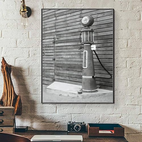 Miniatura 4 de Lienzo enmarcado para pared, diseño de bomba de gasolinera antigua en blanco y negro, impresiones en lienzo para sala de estar, dormitorio, oficina,