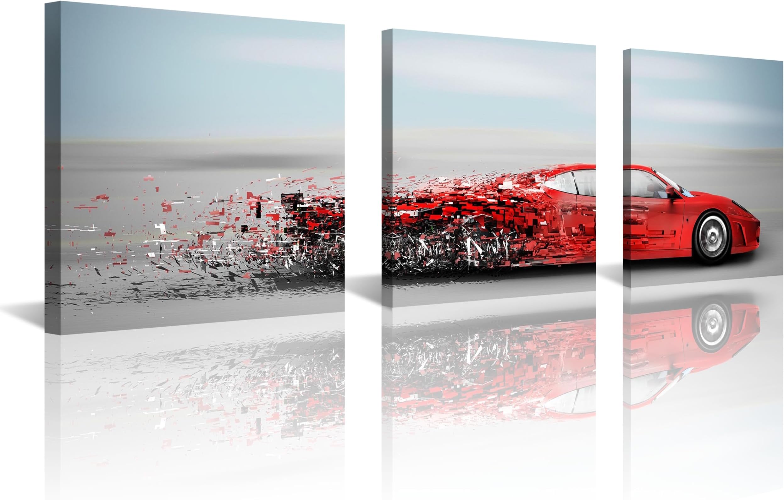 NAN Wind Abstract Red Speedy Car Poster Wall Art Sports Car Canvas Prints Red Car and Clouds Cars Picture Print on Canvas 3 Panel Small Size Speed Blur Cars Decorations for Boys Room Home Decoration