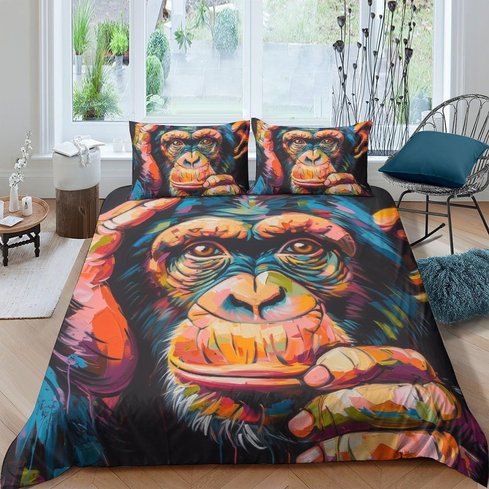 GPLZQXKJNH 3D Printed Colourful Monkey Duvet Cover Microfiber Soft Breathable Chimpanzee Bedding Set with 2 Pillowcases for Bedroom Decor Single（135x200cm）