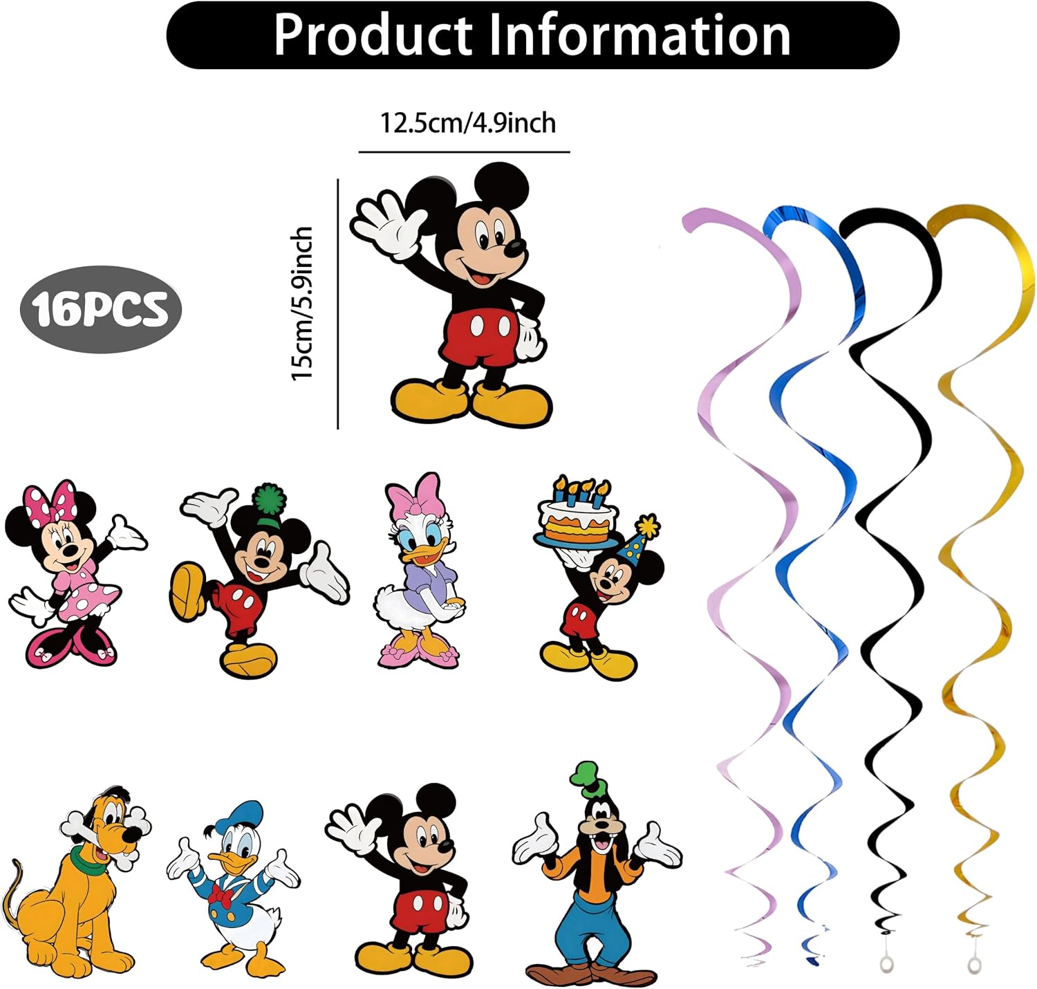 16 Pcs Mickey Hanging Swirl Decorations, Pre-Strung Birthday Party Supplies for Kids,Ceiling Foil Streamers Backdrop Decor for Baby Shower, School Event