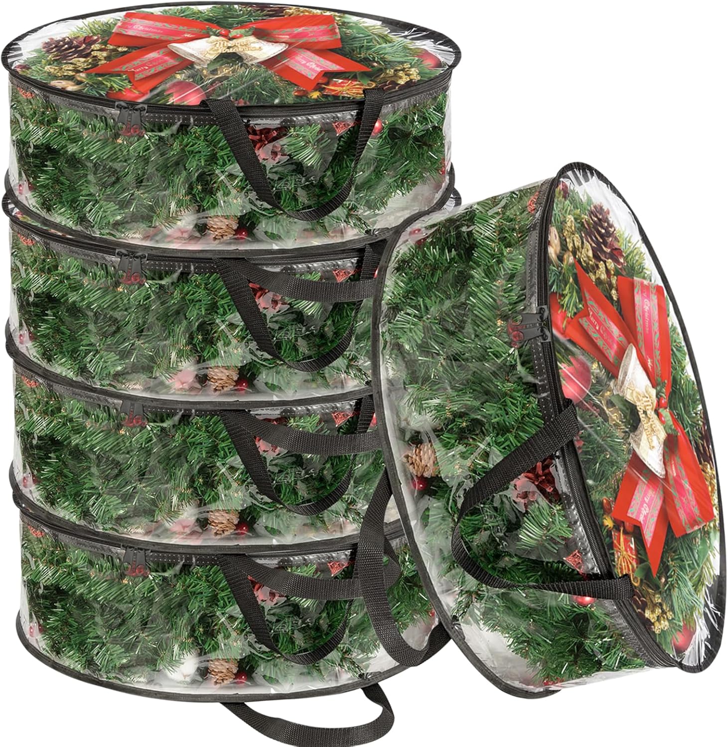 SHUESS 5 Pack Clear Wreath Storage Bags, 24 x 8 Inch Christmas Wreath Storage Container, Heavy Duty PVC Wreath Protector with Dual Zippered and Reinforced Handle for Holiday Seasonal Wreath Garland
