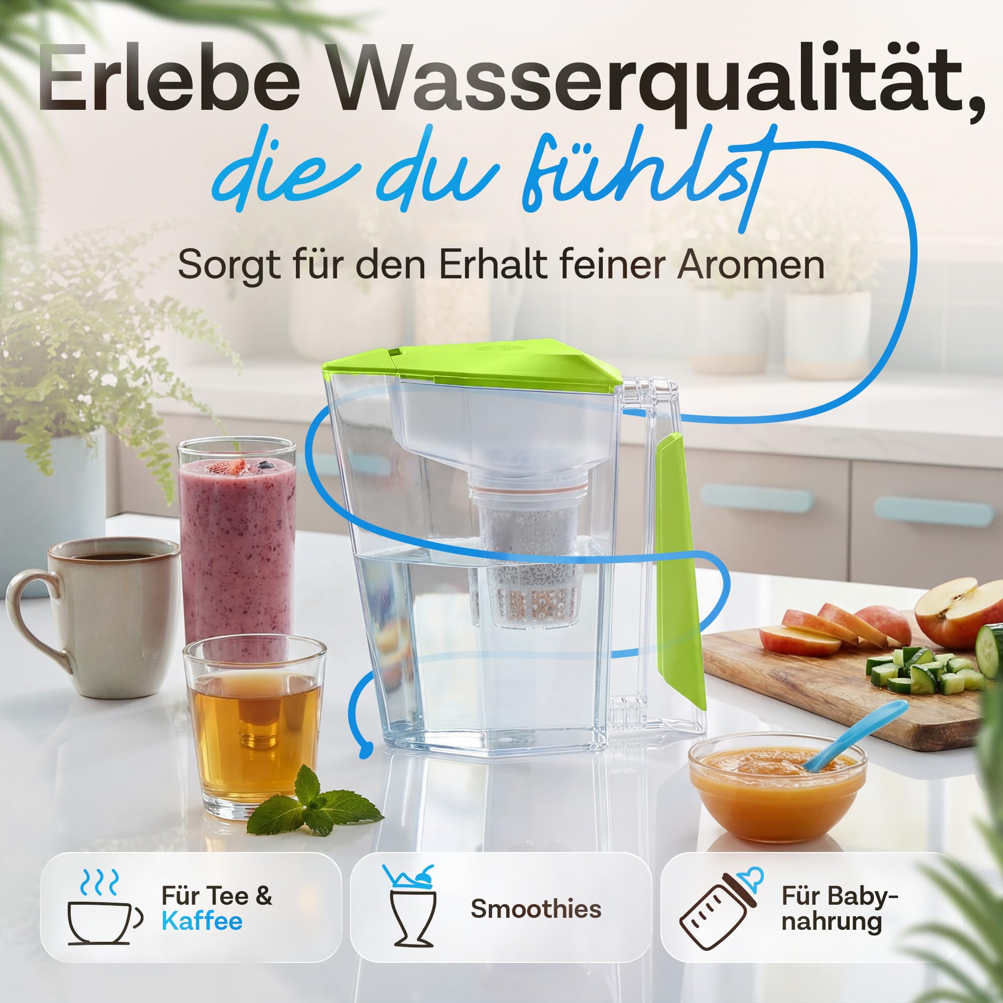 Wysokiej jakości organiczny filtr do wody wyprodukowany w Niemczech z 1 dzbankiem do wody pitnej + 1 wkładem filtrującym i buforem filtrującym (do 3 miesięcy) - zielony, filtr do wody pitnej + dzbanek