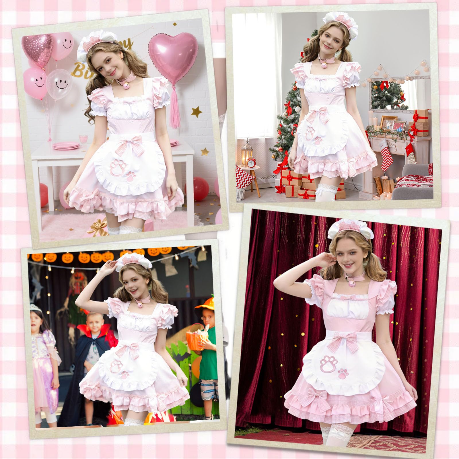 Maid Outfit Déguisement Lolita Cosplay Anime Outfit French Maid avec Oreilles de Chat Collier Cloche Chaussettes Costume de Soubrette Chat pour Halloween Carnaval Fête Cosplay Noël