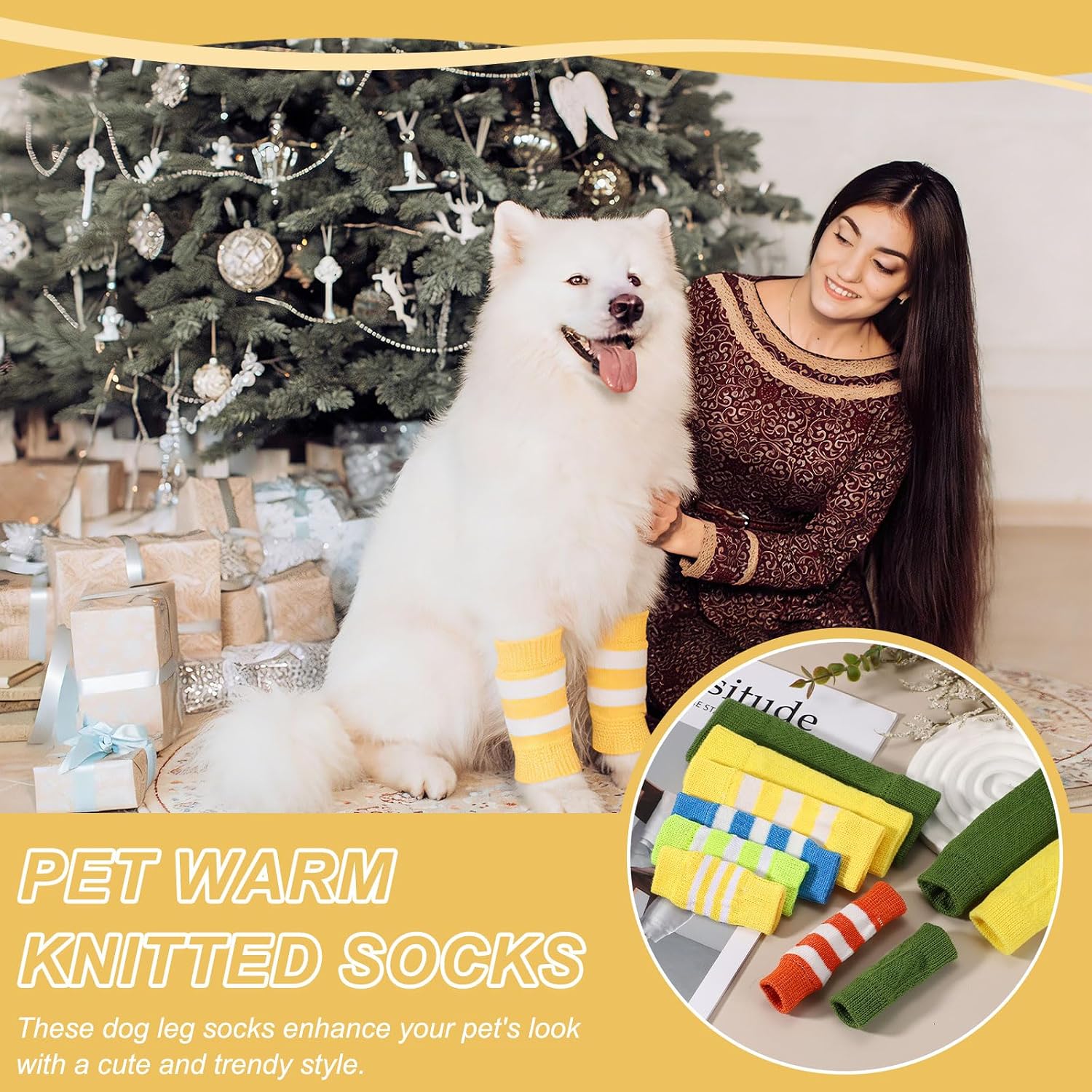 Dog Leg Warmers, Soft Dog Elbow Protector Sleeve Joint Protection Striped Winter Warm Knitted Pet Leg Socks, (Yellow, L, 4Pcs), Intended for Small/Medium/Large Puppies Cats image 5