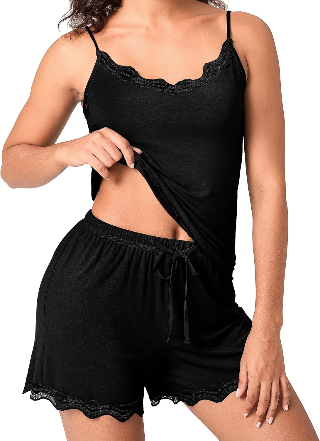 BAMBOO COOL Women's Pajama Sets Lace Trim PJ Set with Shorts Sexy Ruffles Sleepwear for Women