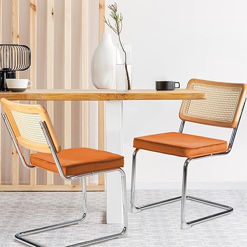 Gardenbee Juego de 2 sillas de comedor, modernas sillas de comedor de ratán de mediados de siglo con patas cromadas de metal, respaldo de caña