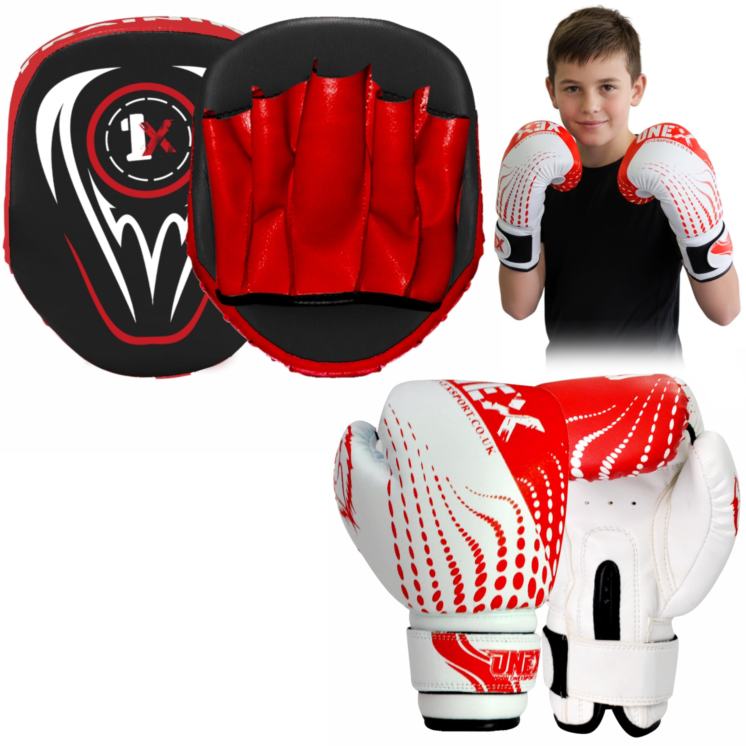 Boxing Gloves & Focus Pads Set – 6oz 4oz 2oz Gloves Hook & Jab Pads for Training, Kickboxing, Muay Thai, Punching, Sparring, MMA, Martial Arts, Taekwondo, Home & Gym Workout (RED, 6oz)