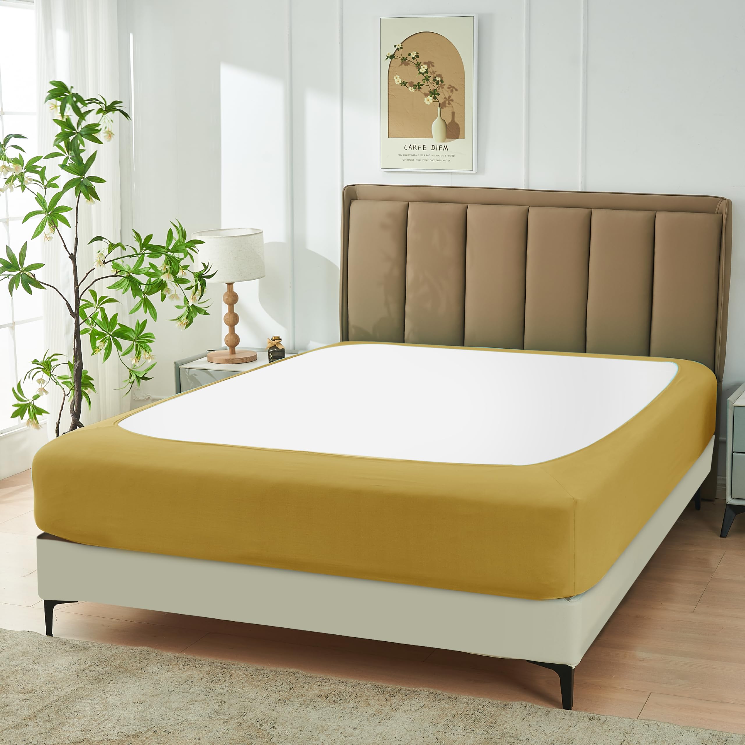 Biscaynebay Decorative Box Spring Cover King & Cal King Size, Gold Luxurious Jersey Knitting Stretchy Wrap Around 4 Sides Bed Skirt for Home/Hotels, Easy Fit Wrinkle & Fade Free Machine Washable