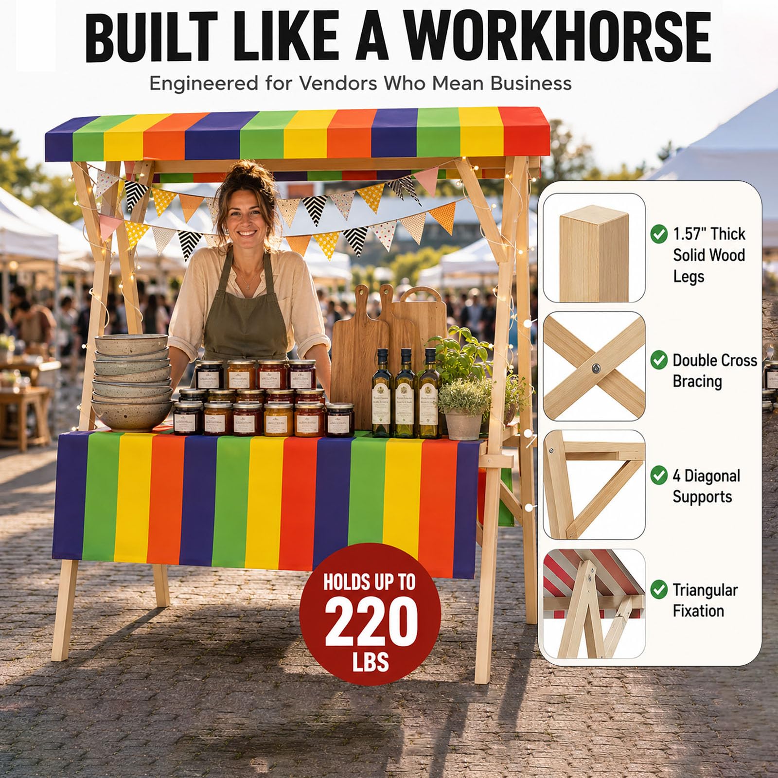 Bancarella Mercato in Legno con Tettoia Esterno e Ruote, Carretto Venditore Ambulante Portatile per Stand di Cibo, Carrello del Venditore per Caffè, Gelati, Fiori e Mercatini green M