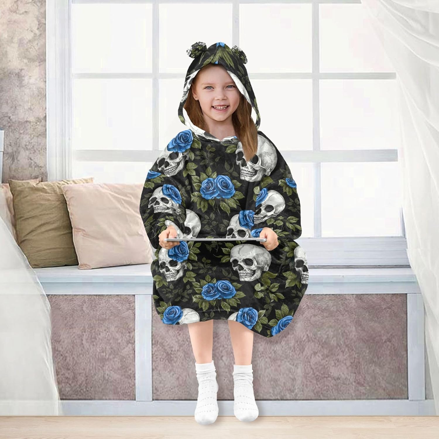 Skull Flower Kids Wearable Blanket Hoodie with Pocket and Sleeves for Toddlers, Cute Hoodies 3-14 Year Girls Boys
