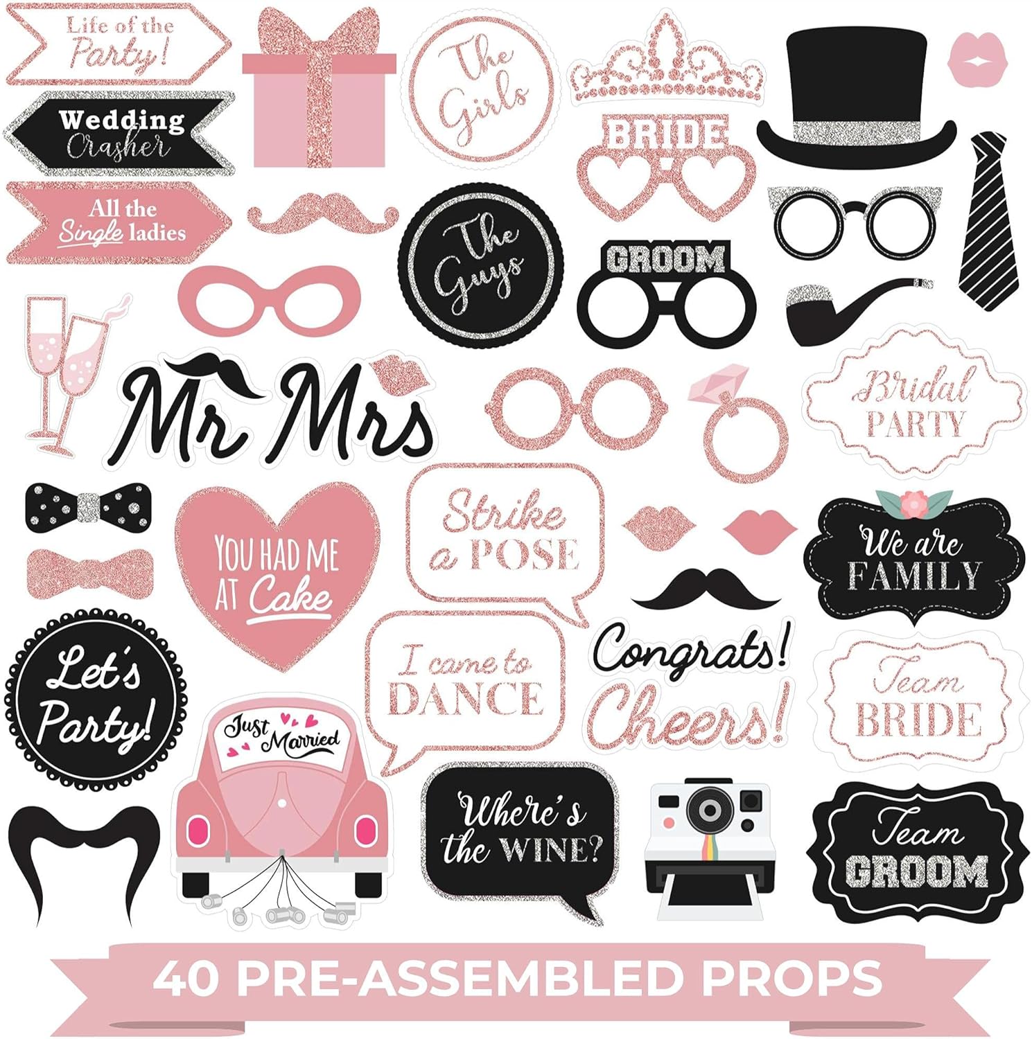 Fully Assembled Wedding Photo Booth Props - Set of 40 - Rose Gold, Pink, & Silver Selfie Signs - Wedding Party Supplies & Decorations - Cute Designs with Real Glitter - Did We Mention No DIY