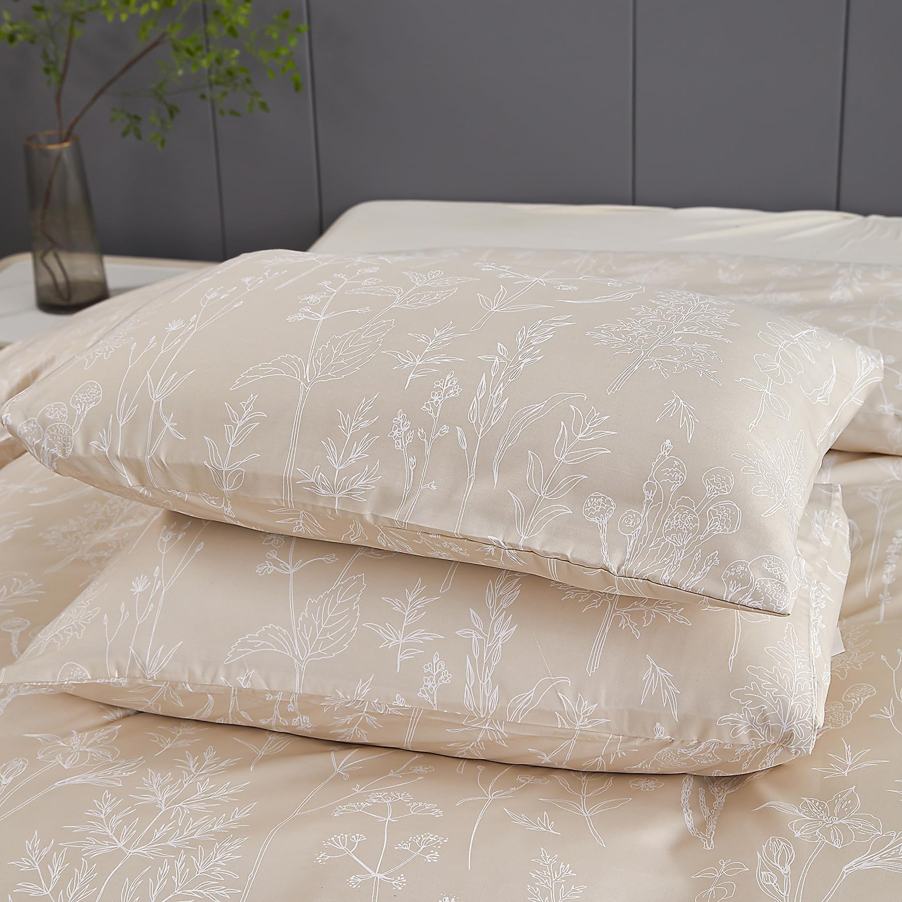 Jemiipee Bettwäsche 135x200 4 teilig Beige, Bettwäsche-Set mit Blumenmuster, Bettbezug 135 x 200 Kissenbezug 80x80, Deckenbezug Wendebettwäsche Weich mit Reißverschluss