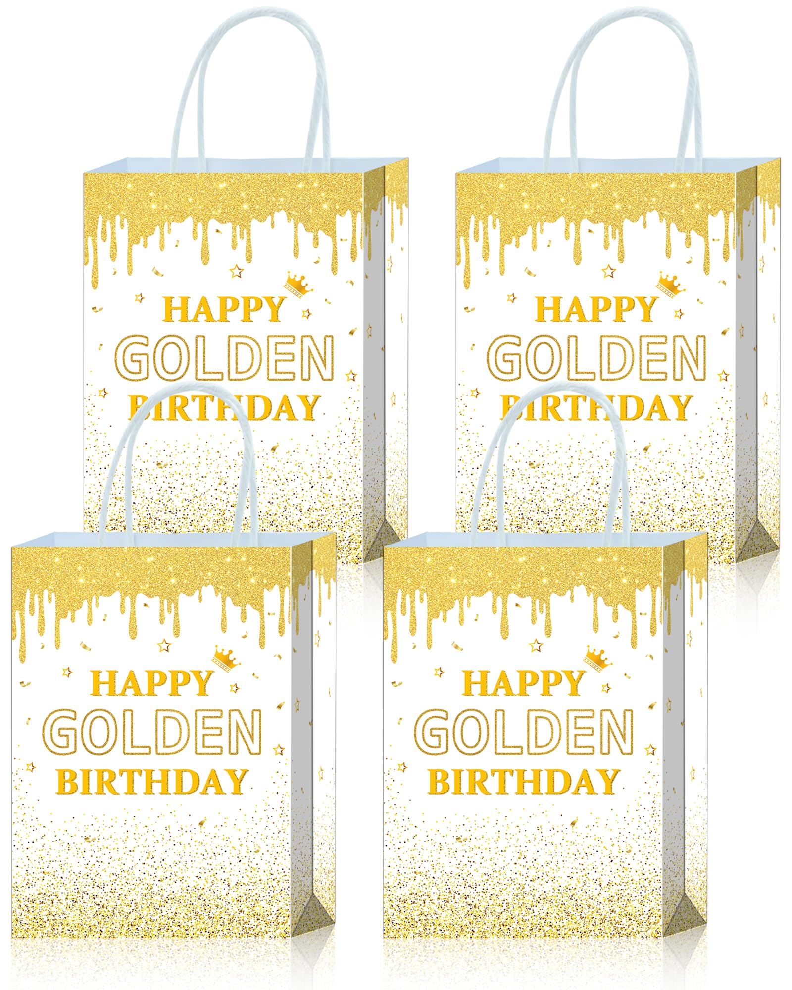 Roselush 16 szt. Happy Golden Birthday papierowe torby na prezenty białe - torby na gadżety, torby na upominki imprezowe dekoracje urodzinowe złote