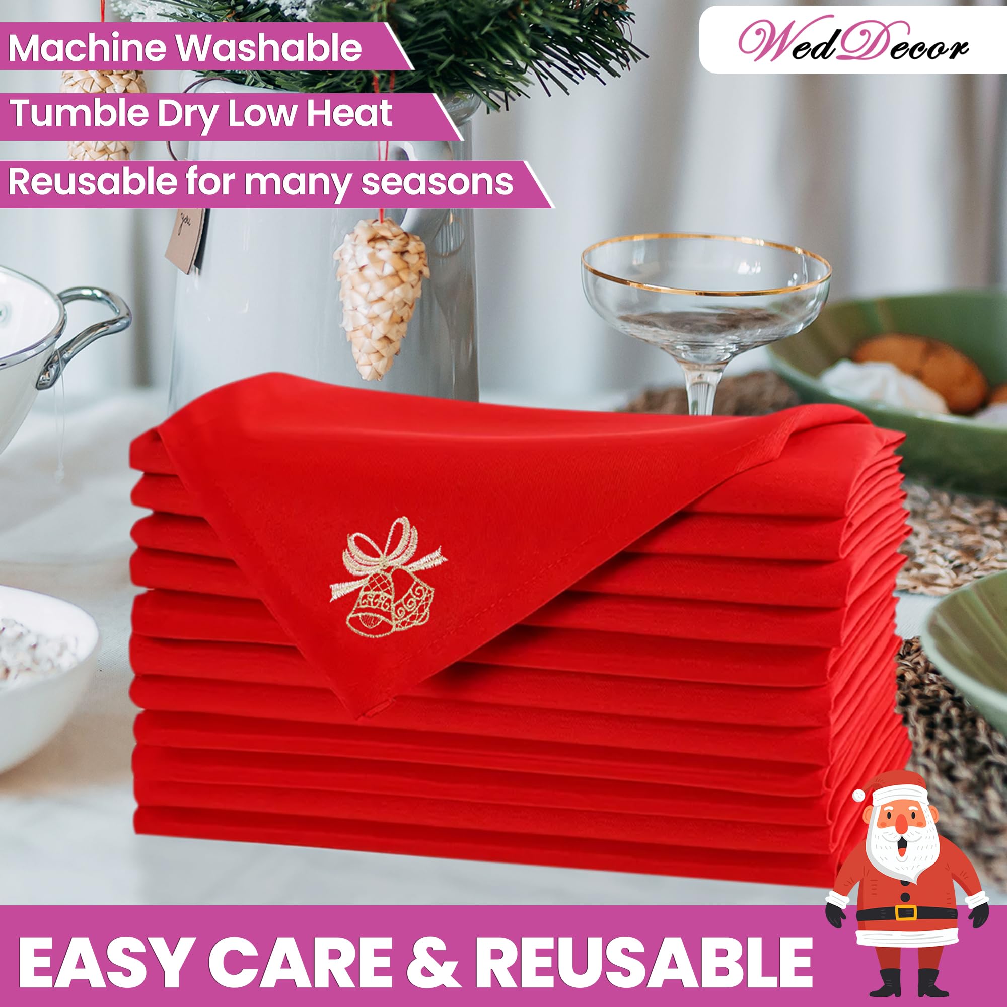 WedDecor 20 inch Filé Polyester Table Serviette avec Grelot Broderie pour Thème Noël Dîner Décorations pour Maison, Mariage,Banquet, Fête, Hôtel, Fête de Noël Décoration - Rouge, 20 inch
