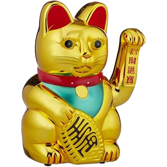 Relaxdays, gold waving cat, XL Maneki Neko, battery-operated waving paw, lucky charm for wealth, success, 30 cm