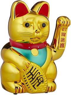 Relaxdays, gold Winkekatze, XL Maneki Neko, batteriebetriebene winkende Pfote, Glücksbringer für Reichtum, Erfolg, 30 cm, Goldfarben