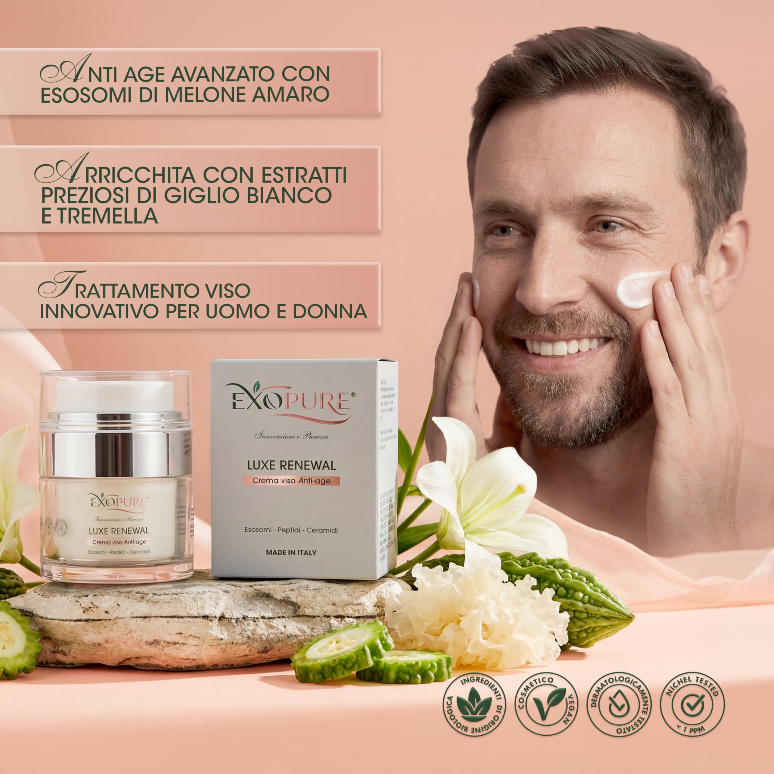 EXOPURE 50ml Crema Viso Antirughe Avanzata con ESOSOMI, Peptidi e Ceramidi | Crema Idratante Viso Innovativa, Rimpolpante, Skincare 100% MADE IN ITALY, Crema Viso Uomo & Donna - Effetto Radioso