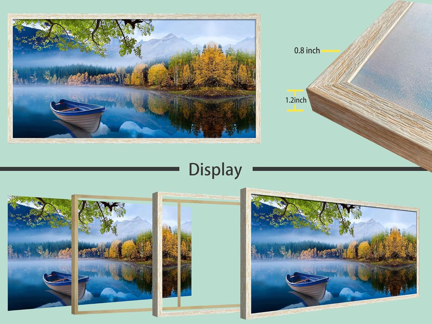Arjun Lake Canvas Wall Art for Living Room Blue Mountain Picture Bedroom Sky Nature Landscape Boat Artwork Modern Scenic Nature Painting Framed Home Office Wall Decor, Extra Large Wood Framed 58"x29"