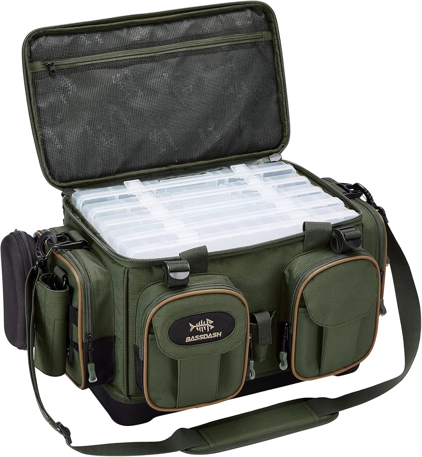 BASSDASH FP05 Fishing Tackle Shoulder Bag Water Resistant Lightweight Gear Storage Pack with Hard Molded Bottom Rain Cover