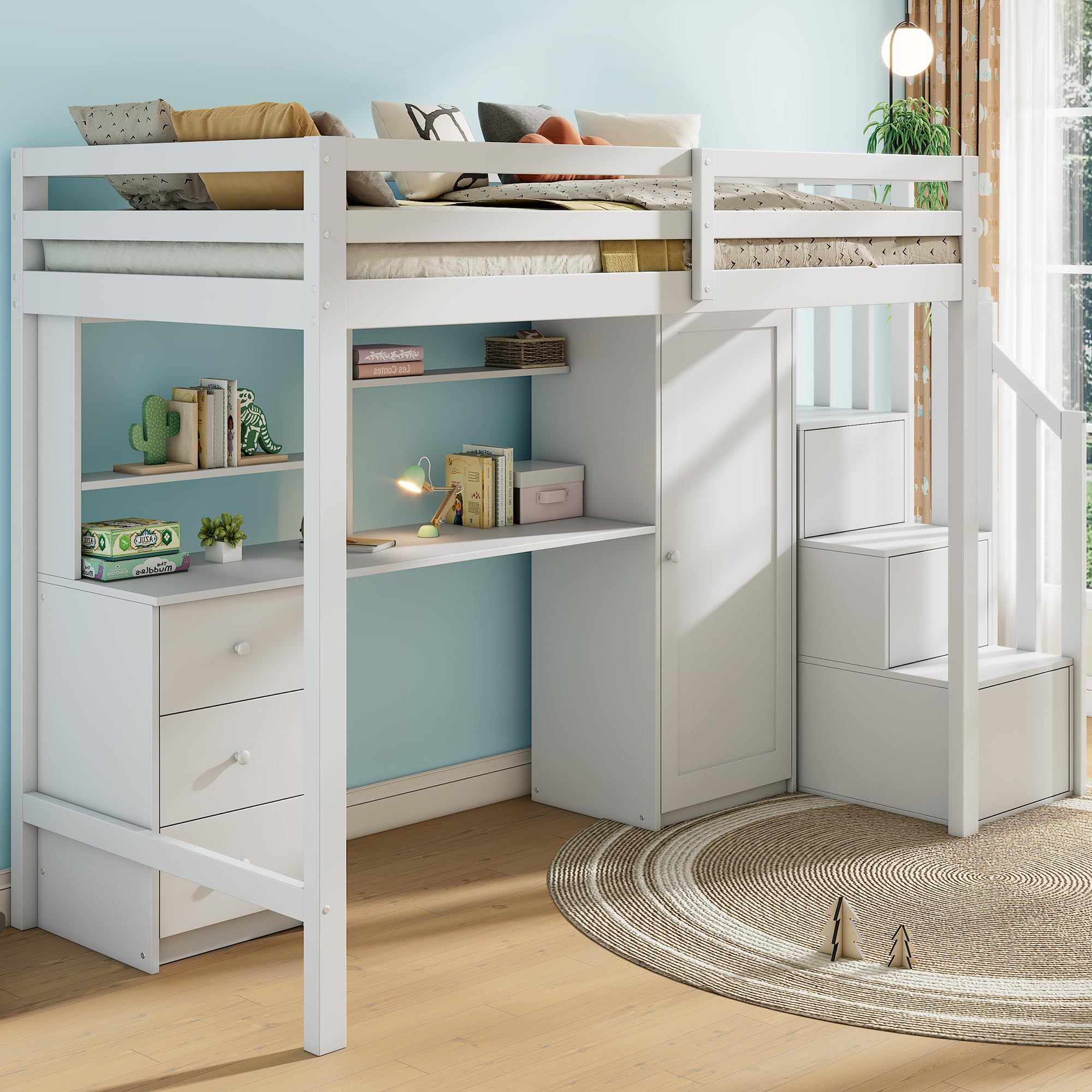 Letto a castello 90 x 200 cm con scrivania e armadio, scala, letto a soppalco multifunzionale per bambini, dotato di cassetti e ripostiglio a scala, ampio spazio di archiviazione, senza