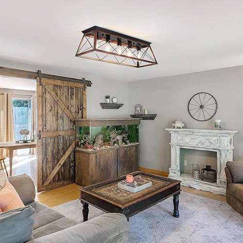 Miniatura 6 de Lámpara de techo de montaje empotrado de 31.5 pulgadas, lámpara industrial vintage de 5 luces con acabado negro mate y bronce cepillado, iluminación