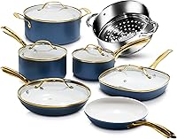 Gotham Steel Gold 12-Piece Ceramic Nonstick Cookware Set with Steamer - PFOA-Free, Oven Safe to 500°F, Dishwasher Safe