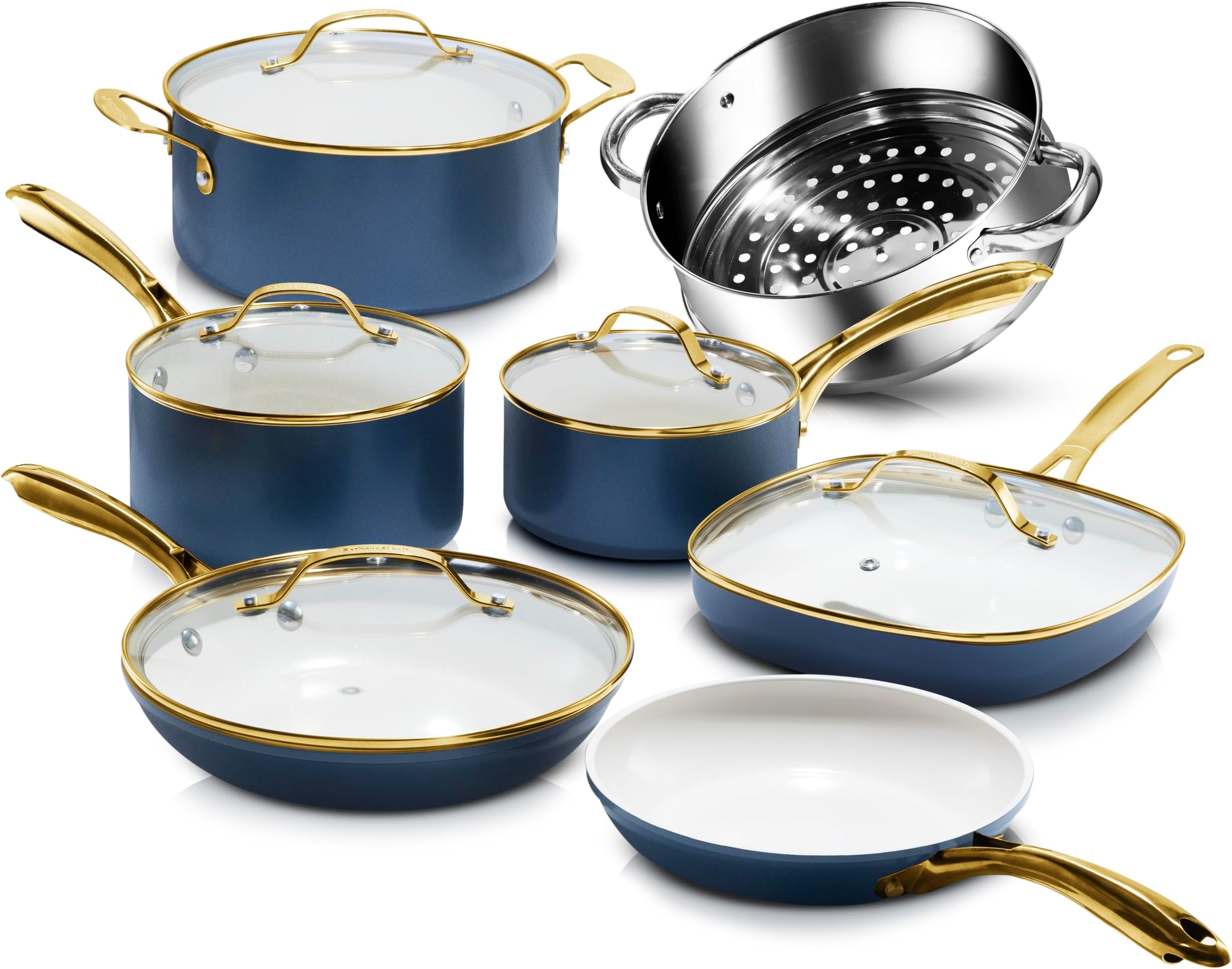 12 Pc Ceramic Cookware Set Nonstick, Ceramic Pots and Pans Set Non Stick with Steamer for Cooking, Non Toxic PFOA PFOS Free, Premium Stay Cool Handles, Oven & Dishwasher Safe
